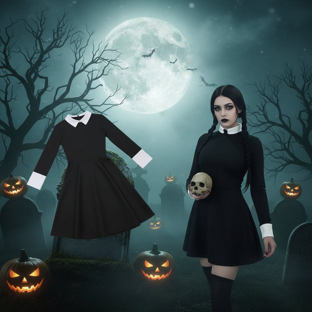 Halloween Gothic Dress Plus Size Costume with White Collar and Long Sleeves - Image 1