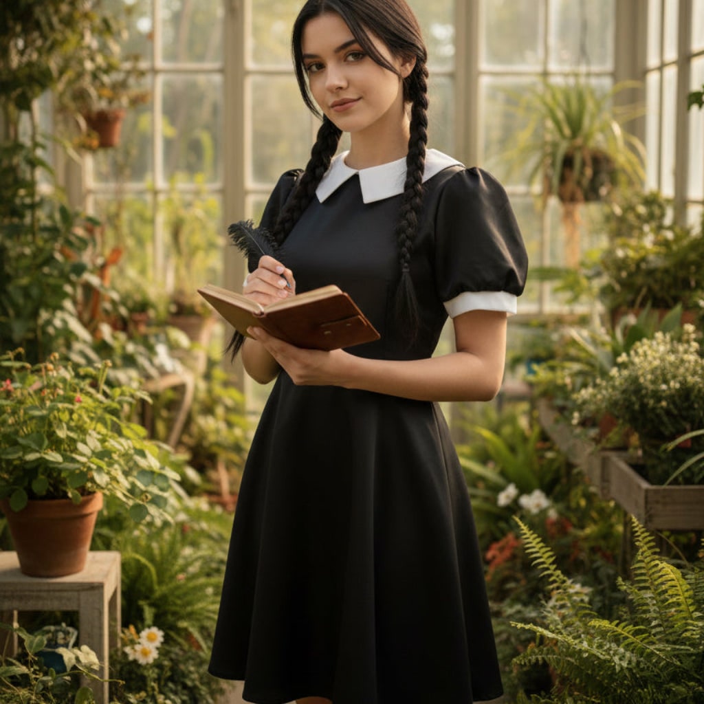 Halloween Gothic Dress Plus Size Costume with White Collar and Long Sleeves - Image 2
