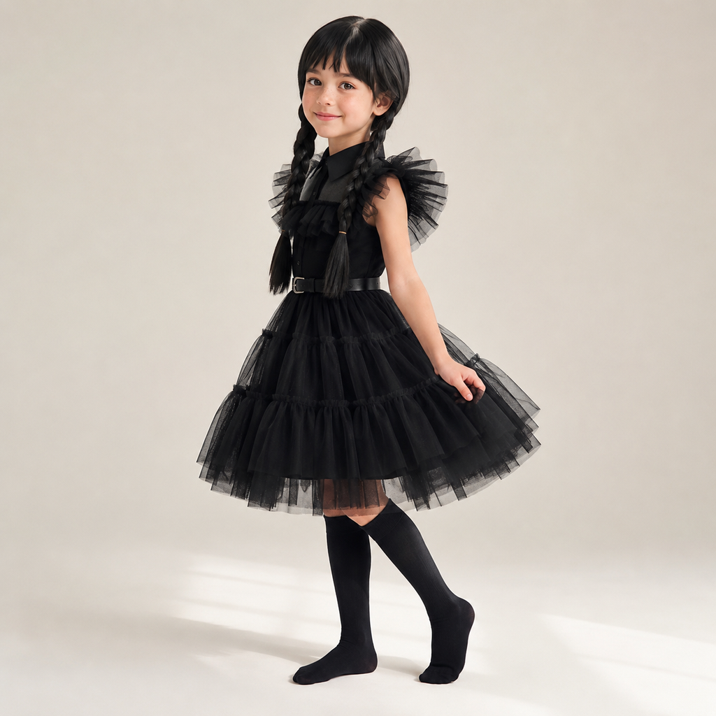 Halloween gothic schoolgirl Costume with Tiered Tulle Skirt Wig Socks and Accessories Set - Image 1