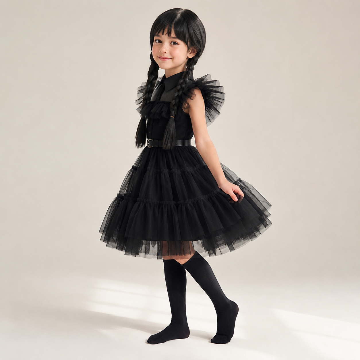 Halloween gothic schoolgirl Costume with Tiered Tulle Skirt Wig Socks and Accessories Set - Image 1