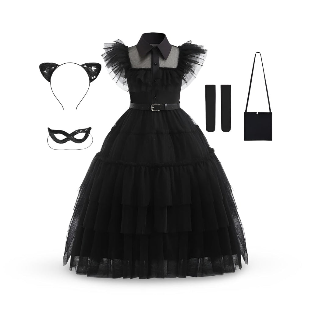Halloween gothic schoolgirl Costume with Tiered Tulle Skirt Wig Socks and Accessories Set - Image 4