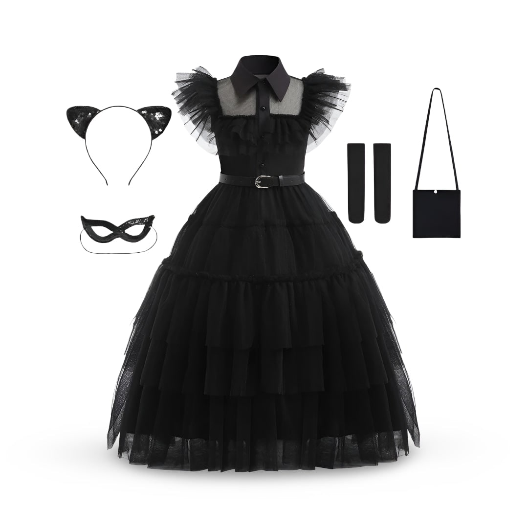 Halloween gothic schoolgirl Costume with Tiered Tulle Skirt Wig Socks and Accessories Set - Image 4