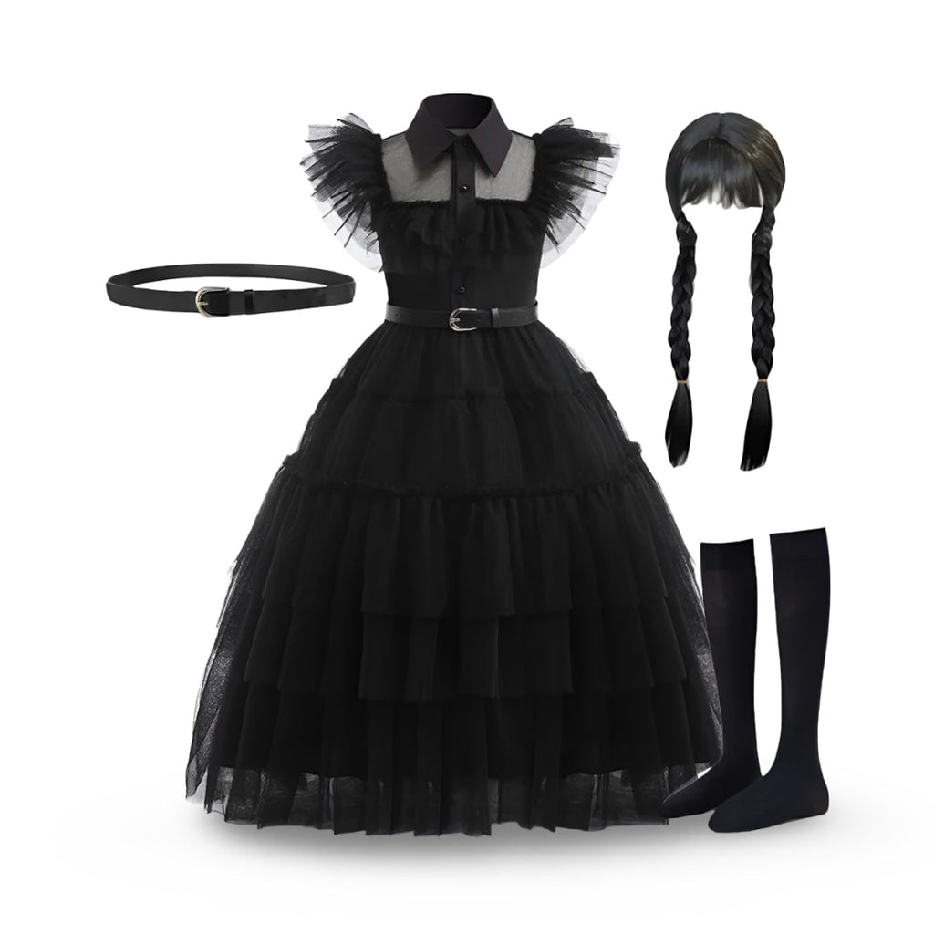 Halloween gothic schoolgirl Costume with Tiered Tulle Skirt Wig Socks and Accessories Set - Image 5