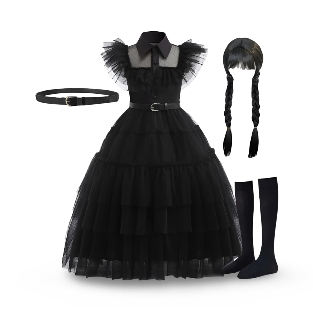 Halloween gothic schoolgirl Costume with Tiered Tulle Skirt Wig Socks and Accessories Set - Image 5