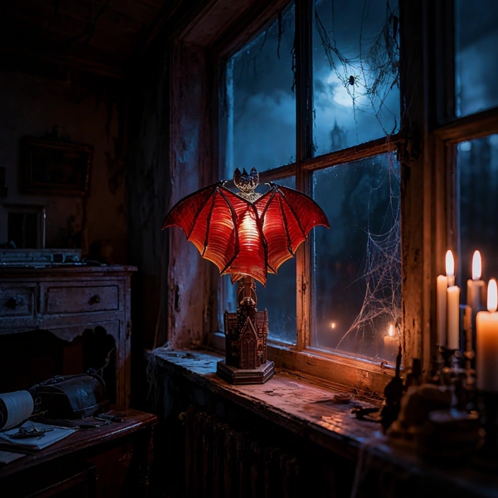 Halloween Gothic Table Lamp with Bat Wings and Cathedral Base for Spooky - Image 1