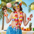 Halloween Grass Skirt Costume Two Piece Set with Floral Lei and Accessories for Hula Party Outfit - Image 1
