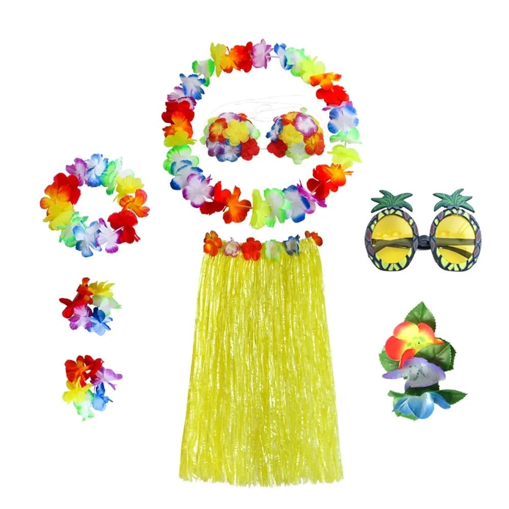 Halloween Grass Skirt Costume Two Piece Set with Floral Lei and Accessories for Hula Party Outfit - Image 10