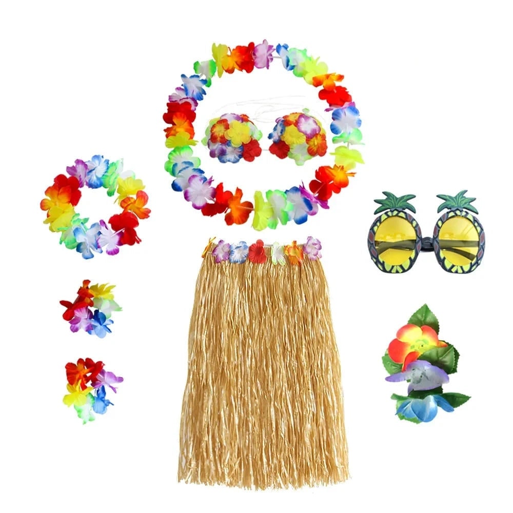 Halloween Grass Skirt Costume Two Piece Set with Floral Lei and Accessories for Hula Party Outfit - Image 11