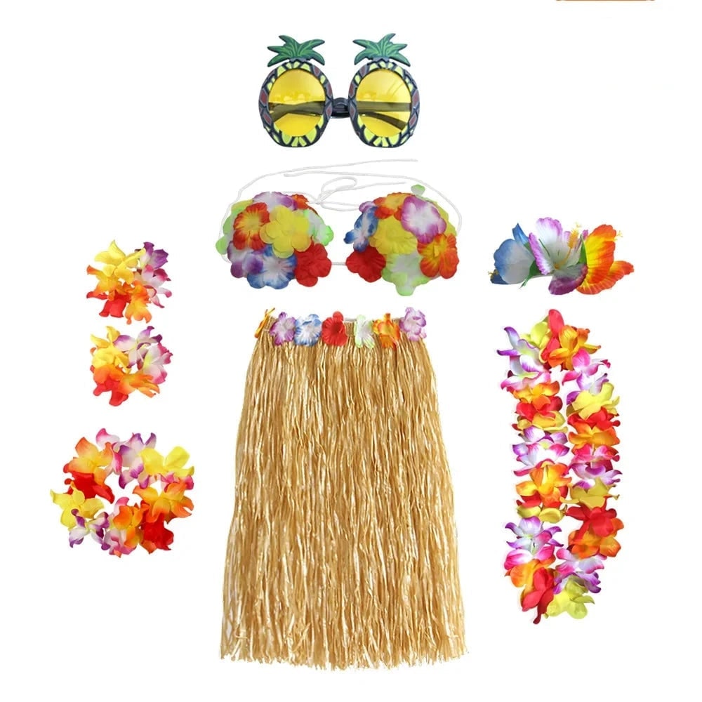 Halloween Grass Skirt Costume Two Piece Set with Floral Lei and Accessories for Hula Party Outfit - Image 12