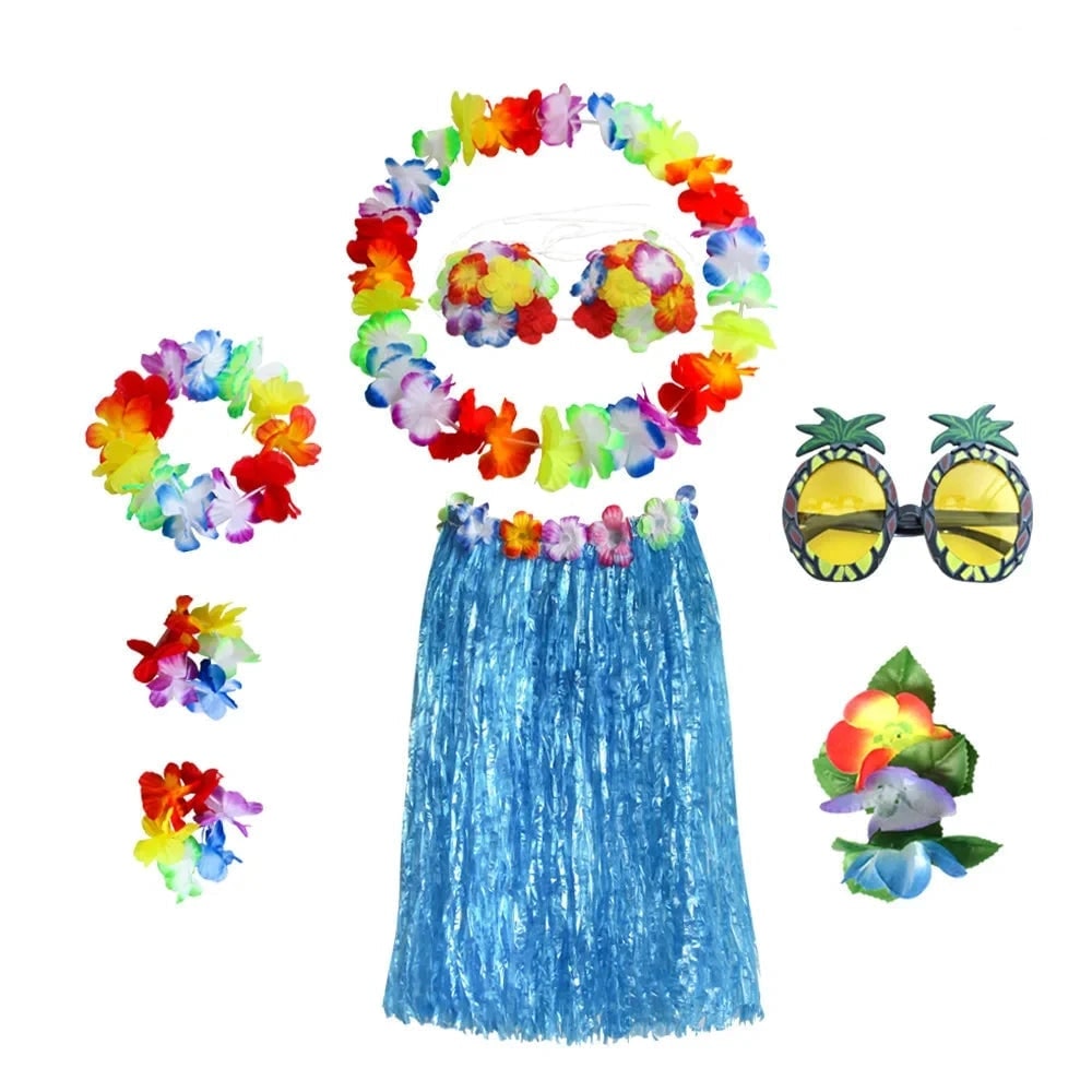 Halloween Grass Skirt Costume Two Piece Set with Floral Lei and Accessories for Hula Party Outfit - Image 2
