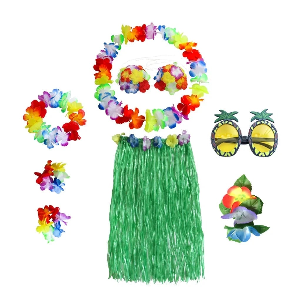 Halloween Grass Skirt Costume Two Piece Set with Floral Lei and Accessories for Hula Party Outfit - Image 3