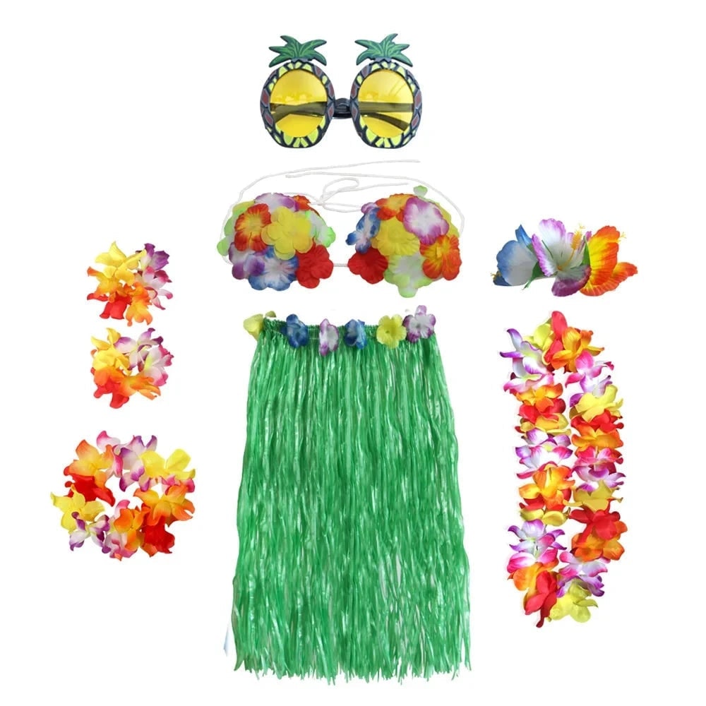 Halloween Grass Skirt Costume Two Piece Set with Floral Lei and Accessories for Hula Party Outfit - Image 4