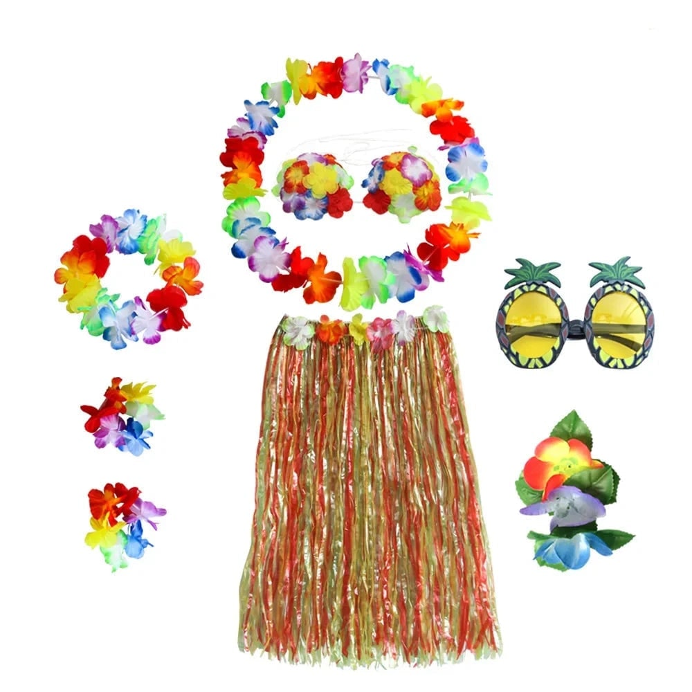Halloween Grass Skirt Costume Two Piece Set with Floral Lei and Accessories for Hula Party Outfit - Image 5
