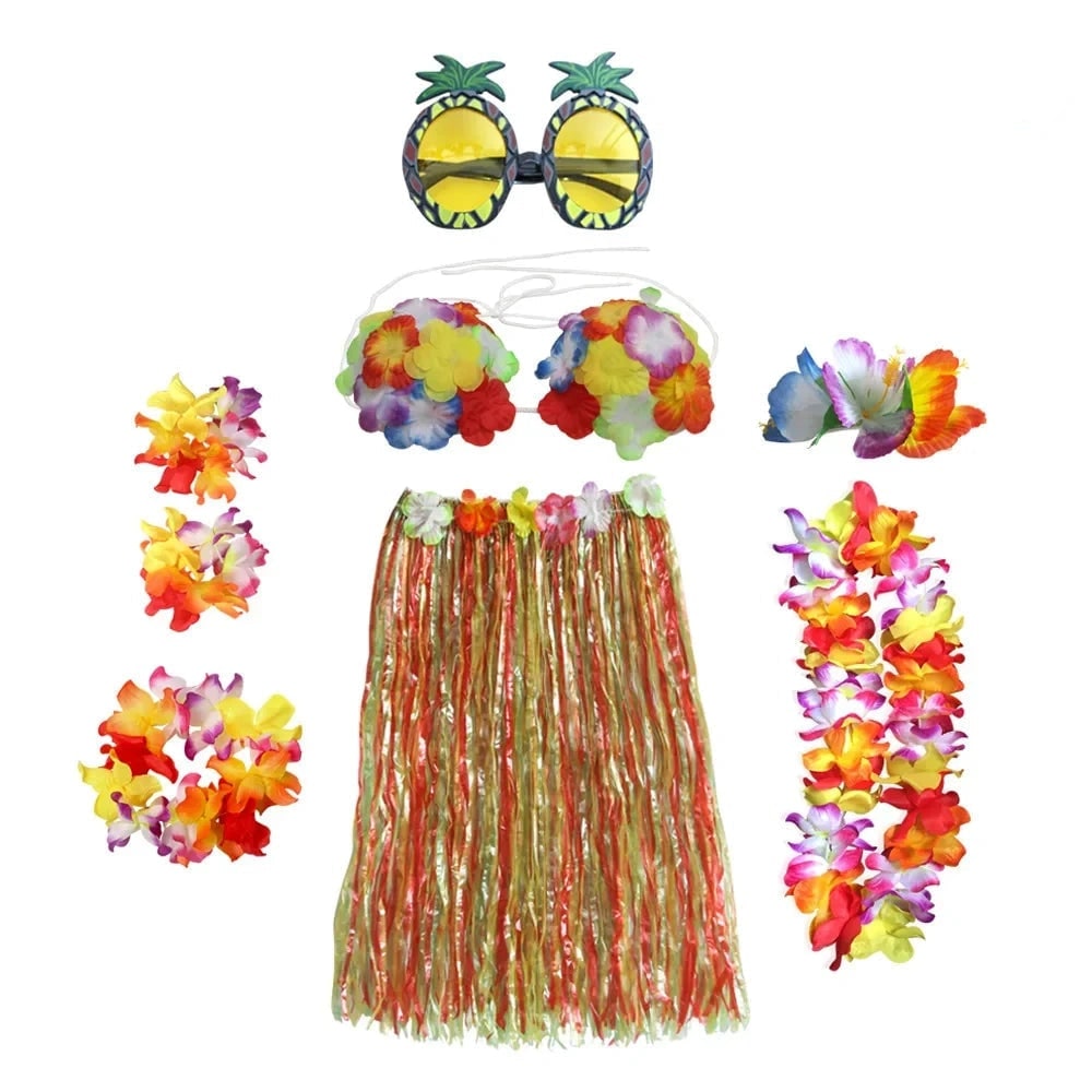 Halloween Grass Skirt Costume Two Piece Set with Floral Lei and Accessories for Hula Party Outfit - Image 6