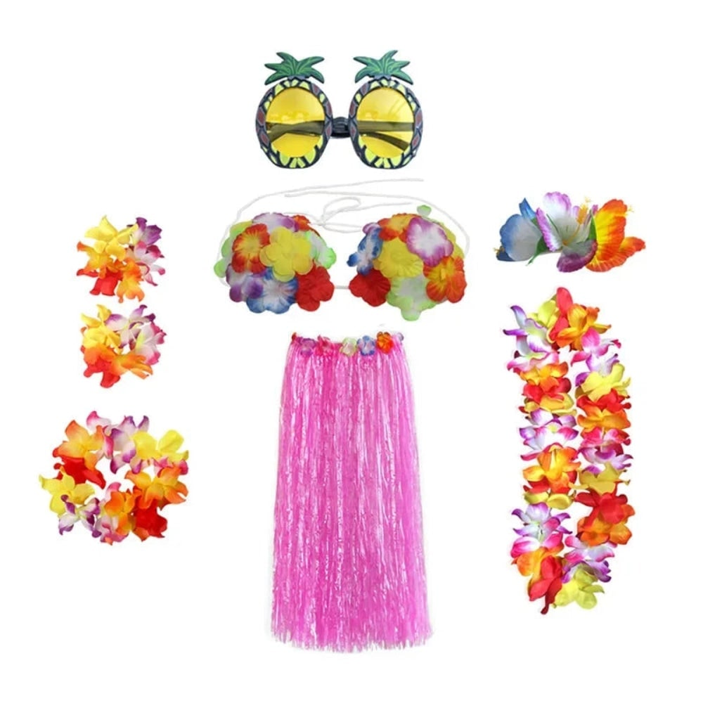 Halloween Grass Skirt Costume Two Piece Set with Floral Lei and Accessories for Hula Party Outfit - Image 7