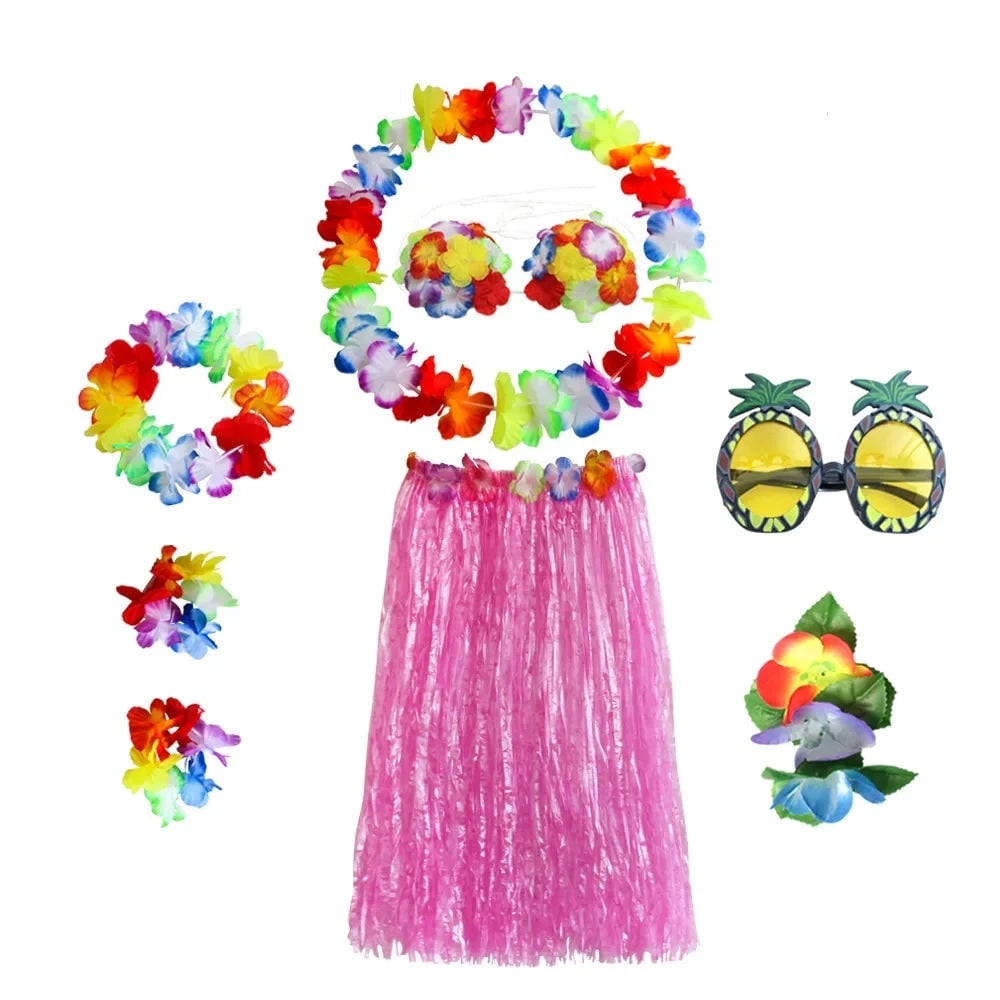 Halloween Grass Skirt Costume Two Piece Set with Floral Lei and Accessories for Hula Party Outfit - Image 8