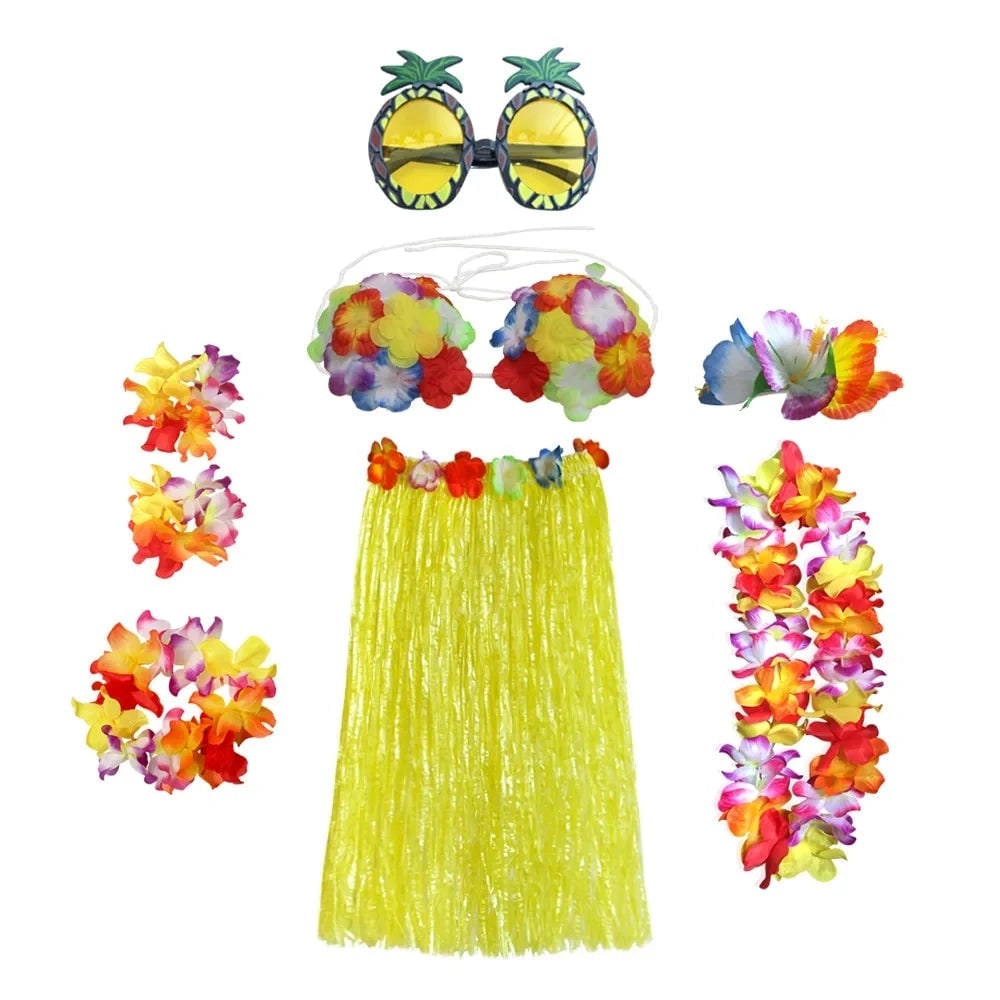 Halloween Grass Skirt Costume Two Piece Set with Floral Lei and Accessories for Hula Party Outfit - Image 9