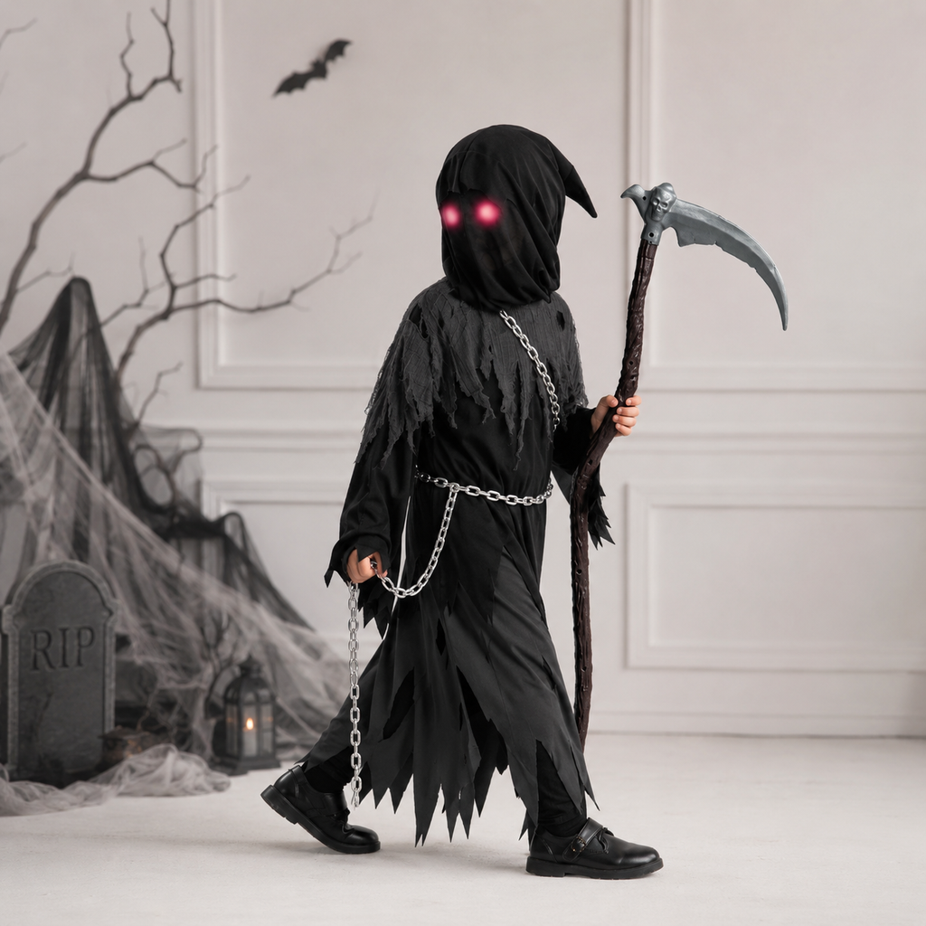 Halloween Grim Reaper Costume with Glowing Eyes Hooded Robe Skeleton Gloves and Toy Scythe - Image 1