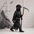 Halloween Grim Reaper Costume with Glowing Eyes Hooded Robe Skeleton Gloves and Toy Scythe - Image 1