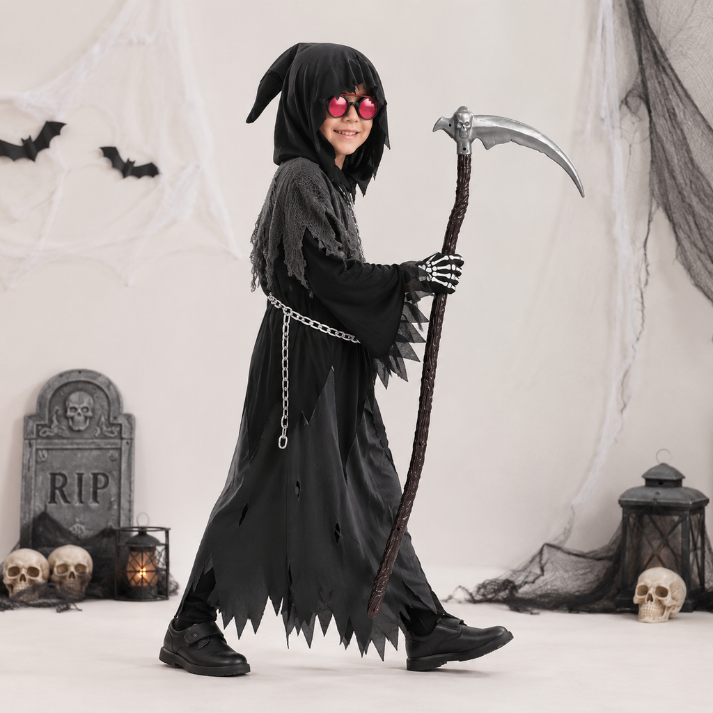 Halloween Grim Reaper Costume with Glowing Eyes Hooded Robe Skeleton Gloves and Toy Scythe - Image 2