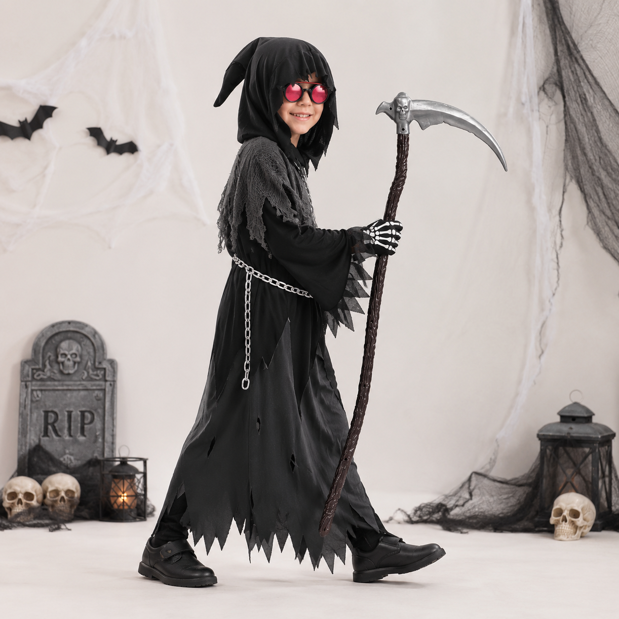 Halloween Grim Reaper Costume with Glowing Eyes Hooded Robe Skeleton Gloves and Toy Scythe - Image 2