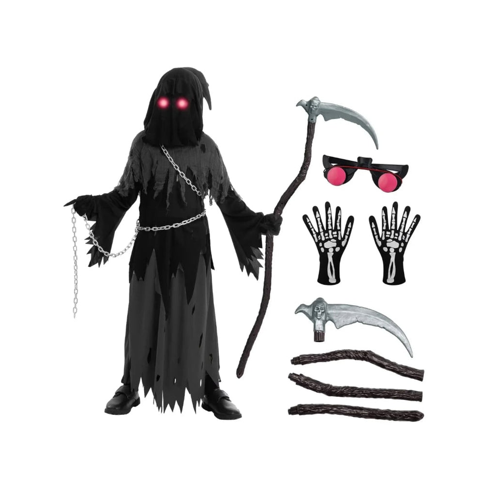 Halloween Grim Reaper Costume with Glowing Eyes Hooded Robe Skeleton Gloves and Toy Scythe - Image 3