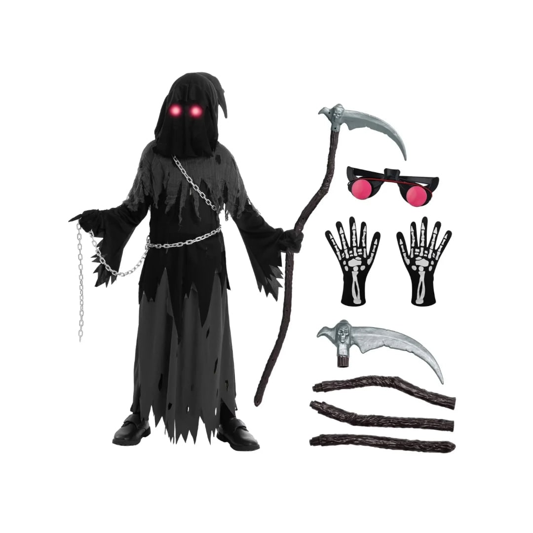 Halloween Grim Reaper Costume with Glowing Eyes Hooded Robe Skeleton Gloves and Toy Scythe - Image 3