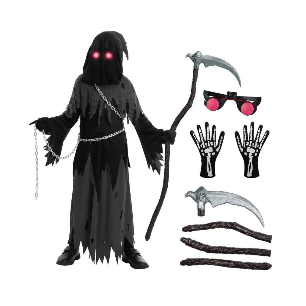 Halloween Grim Reaper Costume with Glowing Eyes Hooded Robe Skeleton Gloves and Toy Scythe - Image 4