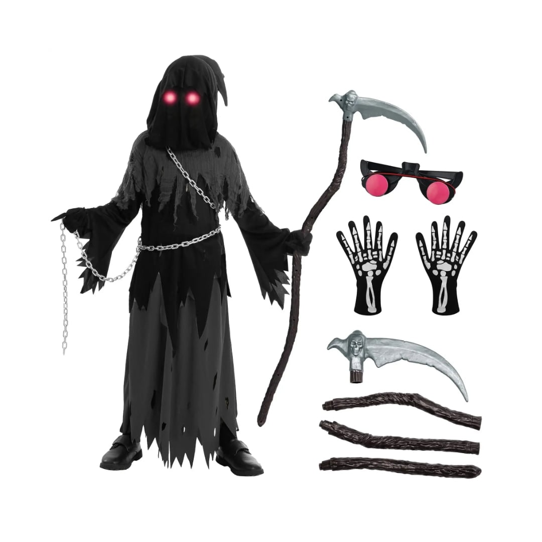 Halloween Grim Reaper Costume with Glowing Eyes Hooded Robe Skeleton Gloves and Toy Scythe - Image 4