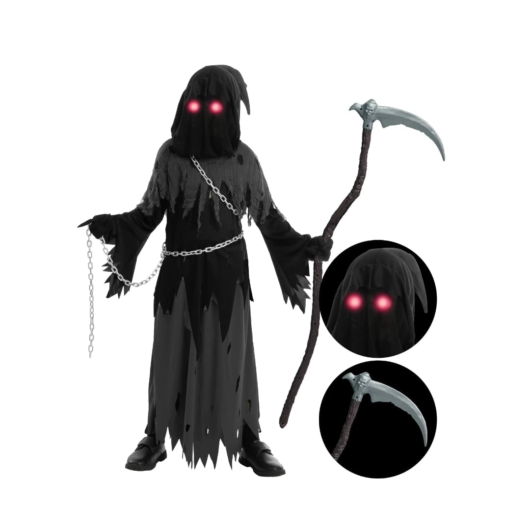 Halloween Grim Reaper Costume with Glowing Eyes Hooded Robe Skeleton Gloves and Toy Scythe - Image 5