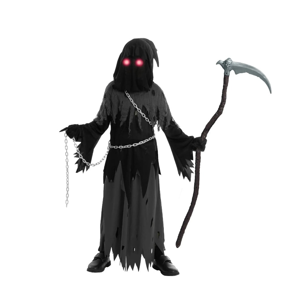 Halloween Grim Reaper Costume with Glowing Eyes Hooded Robe Skeleton Gloves and Toy Scythe - Image 6