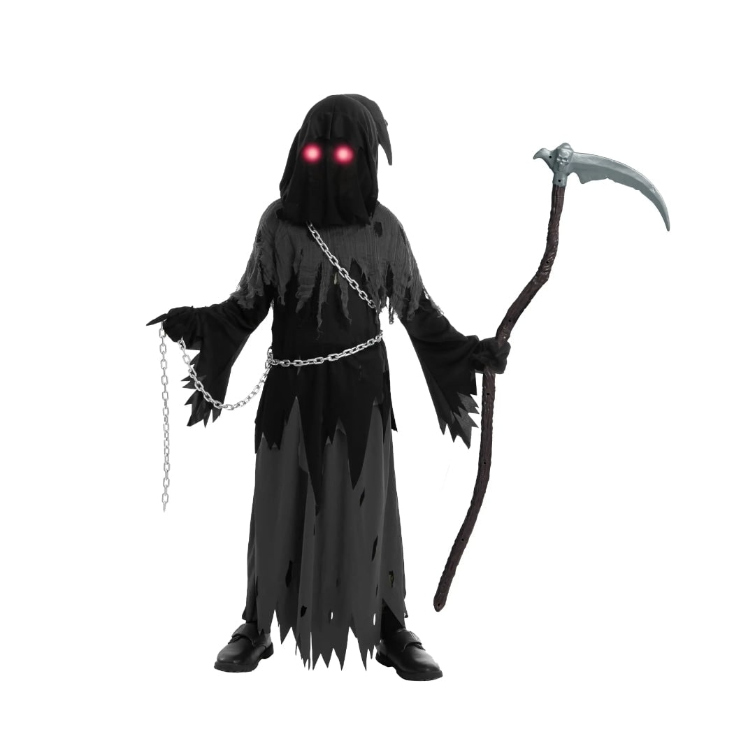 Halloween Grim Reaper Costume with Glowing Eyes Hooded Robe Skeleton Gloves and Toy Scythe - Image 6
