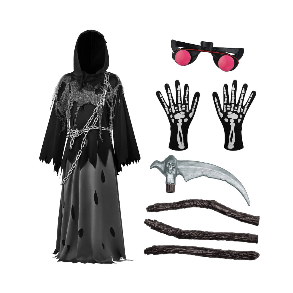 Halloween Grim Reaper Costume with Glowing Eyes Hooded Robe Skeleton Gloves and Toy Scythe - Image 7