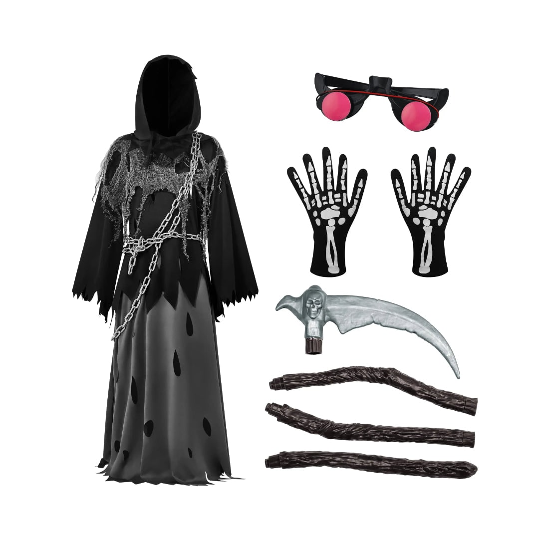Halloween Grim Reaper Costume with Glowing Eyes Hooded Robe Skeleton Gloves and Toy Scythe - Image 7