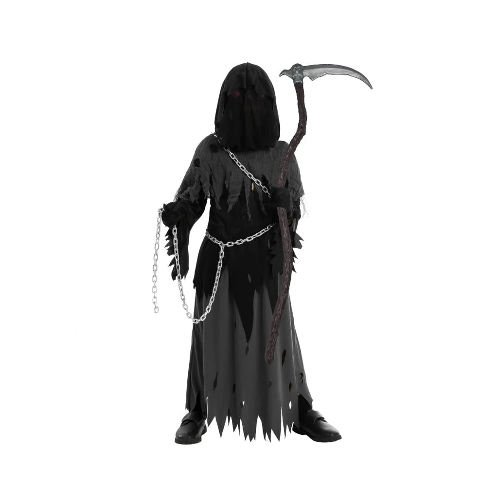 Halloween Grim Reaper Costume with Glowing Eyes Hooded Robe Skeleton Gloves and Toy Scythe - Image 8