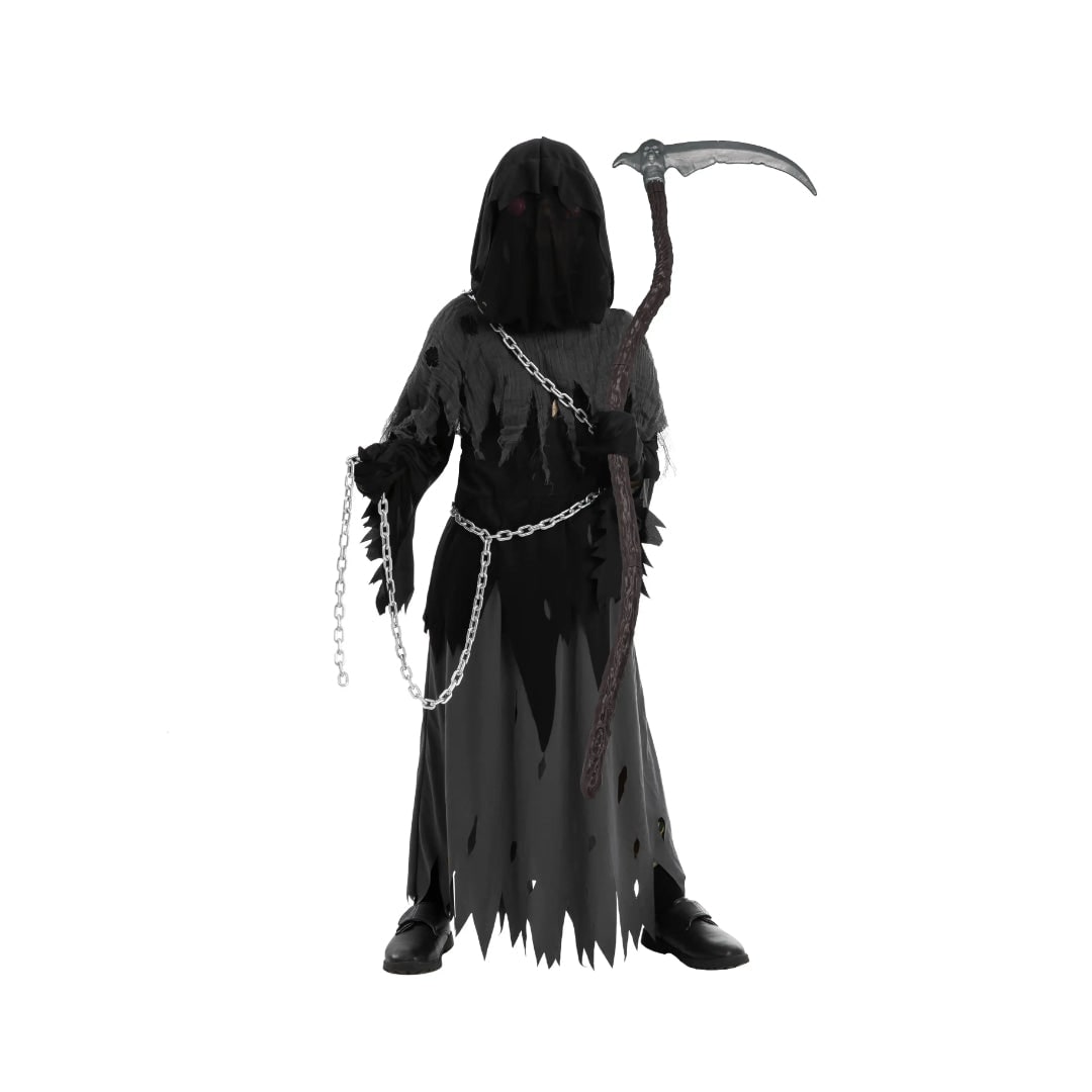 Halloween Grim Reaper Costume with Glowing Eyes Hooded Robe Skeleton Gloves and Toy Scythe - Image 8