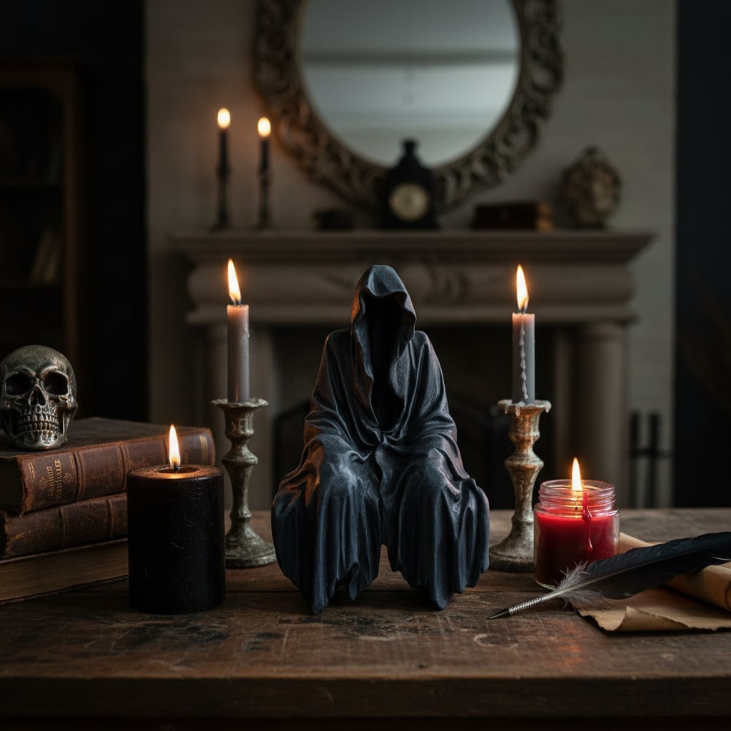 Halloween Grim Reaper Decor Statue Figurine with Hooded Draped Robe Design Shelf Sitter - Image 1