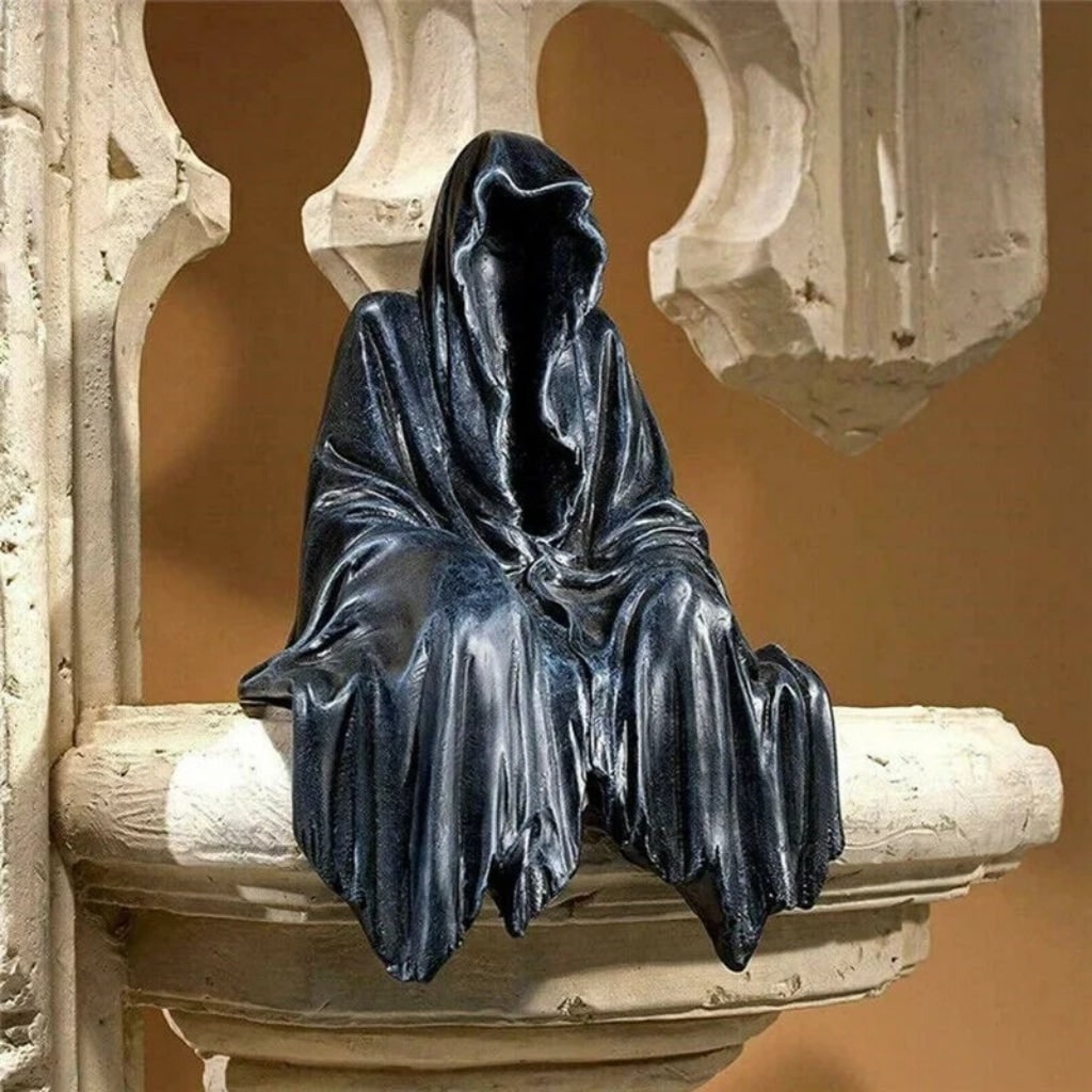 Halloween Grim Reaper Decor Statue Figurine with Hooded Draped Robe Design Shelf Sitter - Image 2