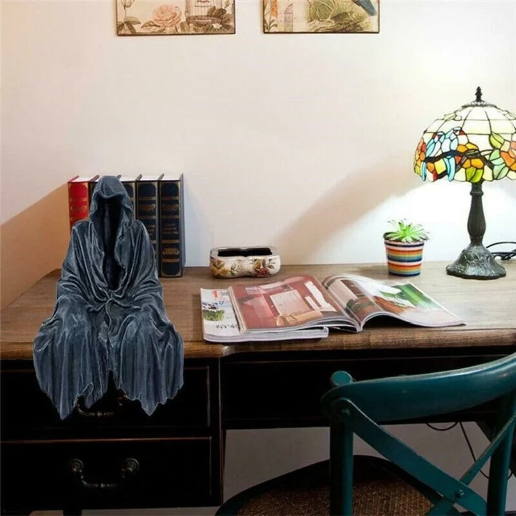 Halloween Grim Reaper Decor Statue Figurine with Hooded Draped Robe Design Shelf Sitter - Image 4