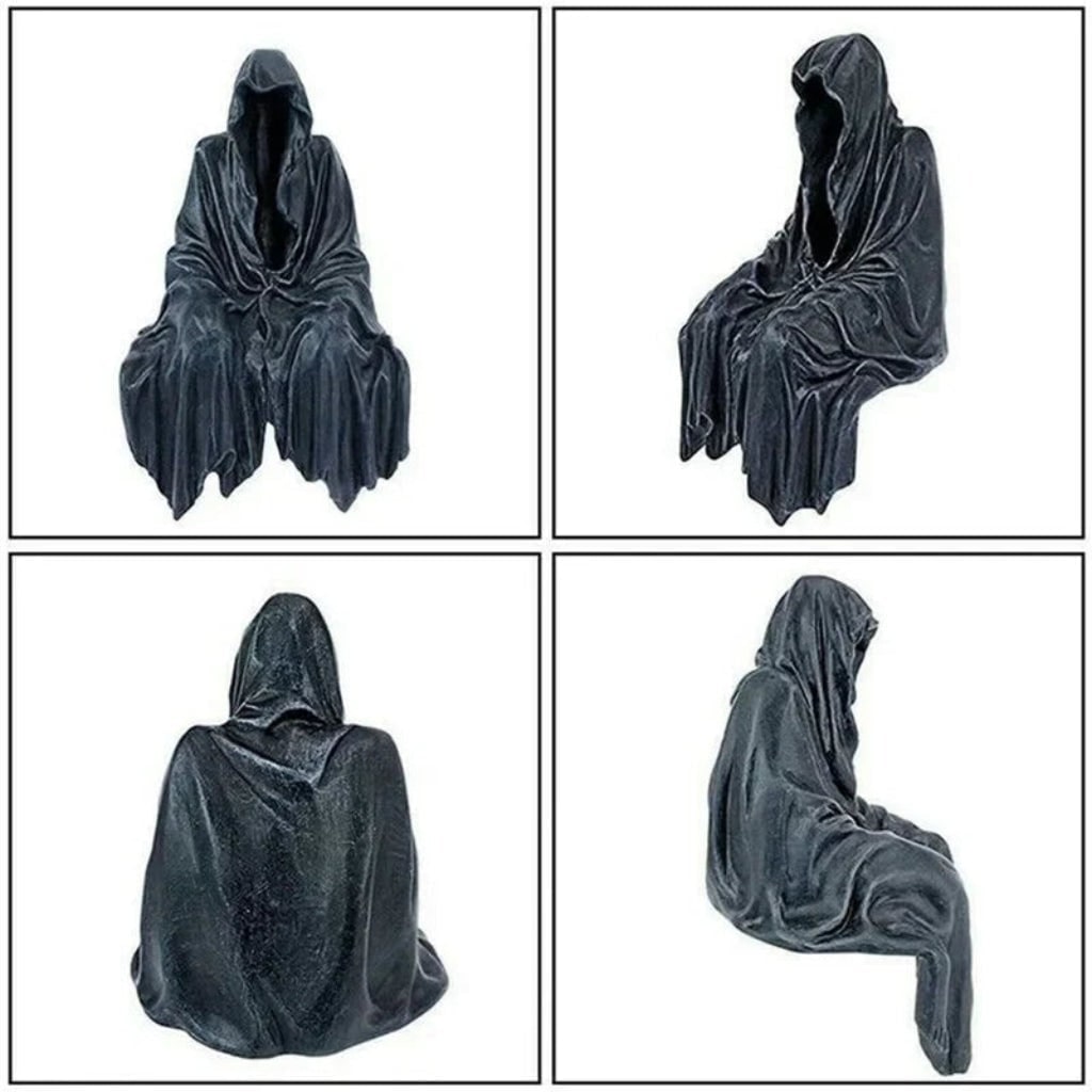 Halloween Grim Reaper Decor Statue Figurine with Hooded Draped Robe Design Shelf Sitter - Image 5