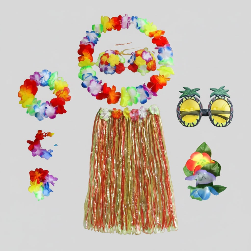 Halloween Group of Four Hula Costume Set with Grass Skirt Lei and Flower - Image 1