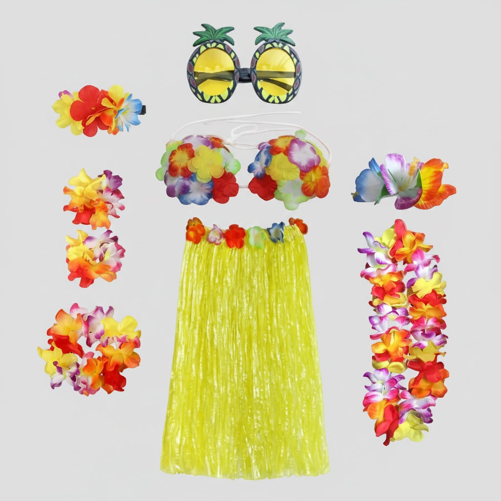 Halloween Group of Four Hula Costume Set with Grass Skirt Lei and Flower - Image 10