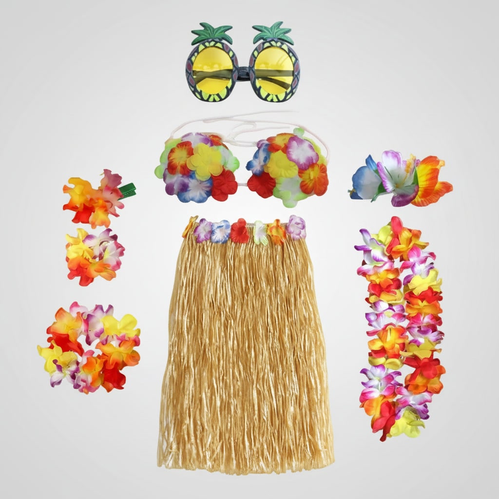 Halloween Group of Four Hula Costume Set with Grass Skirt Lei and Flower - Image 13