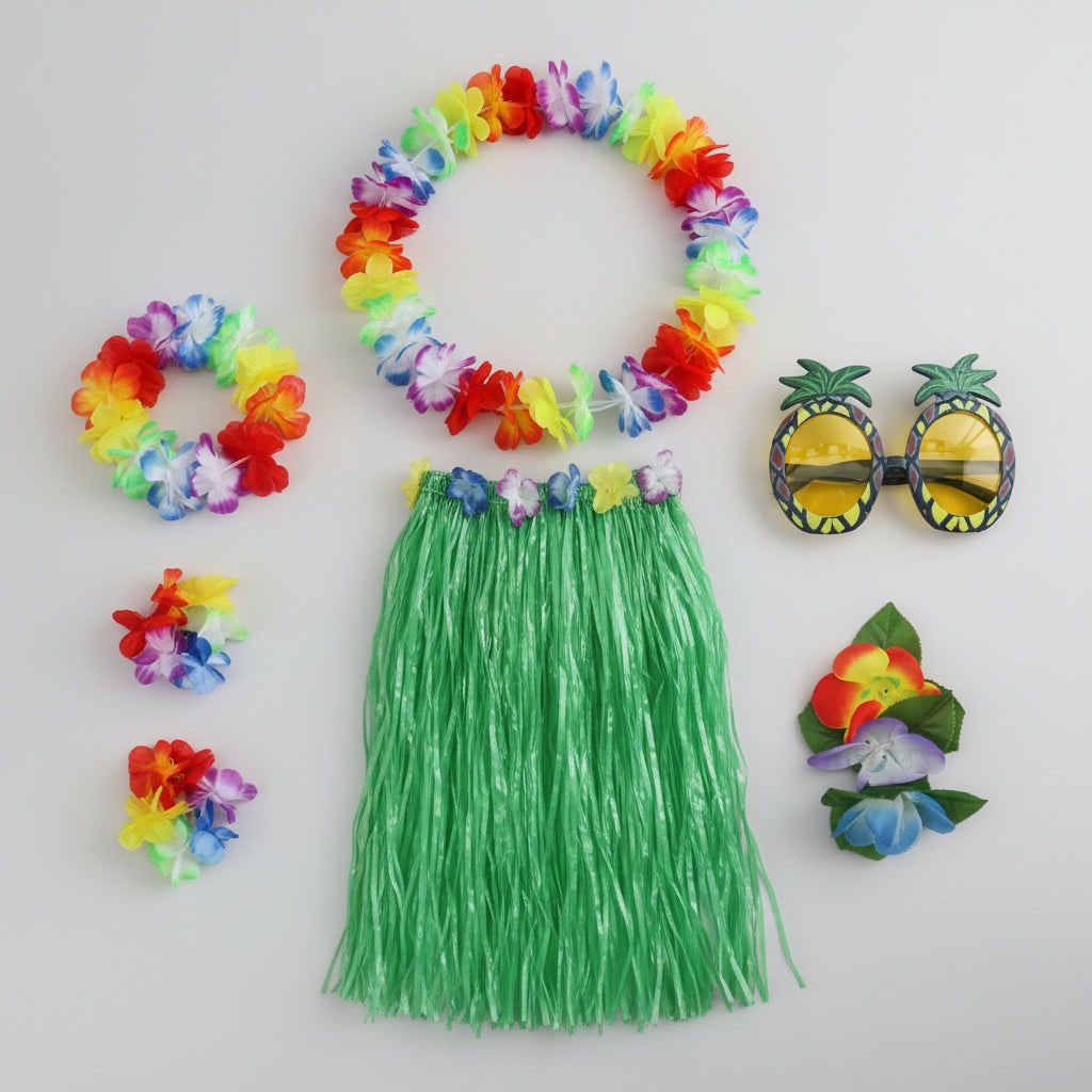 Halloween Group of Four Hula Costume Set with Grass Skirt Lei and Flower - Image 2