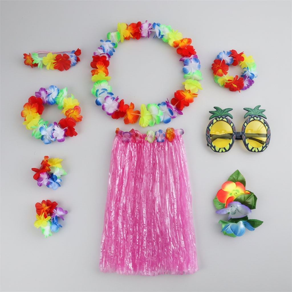Halloween Group of Four Hula Costume Set with Grass Skirt Lei and Flower - Image 3