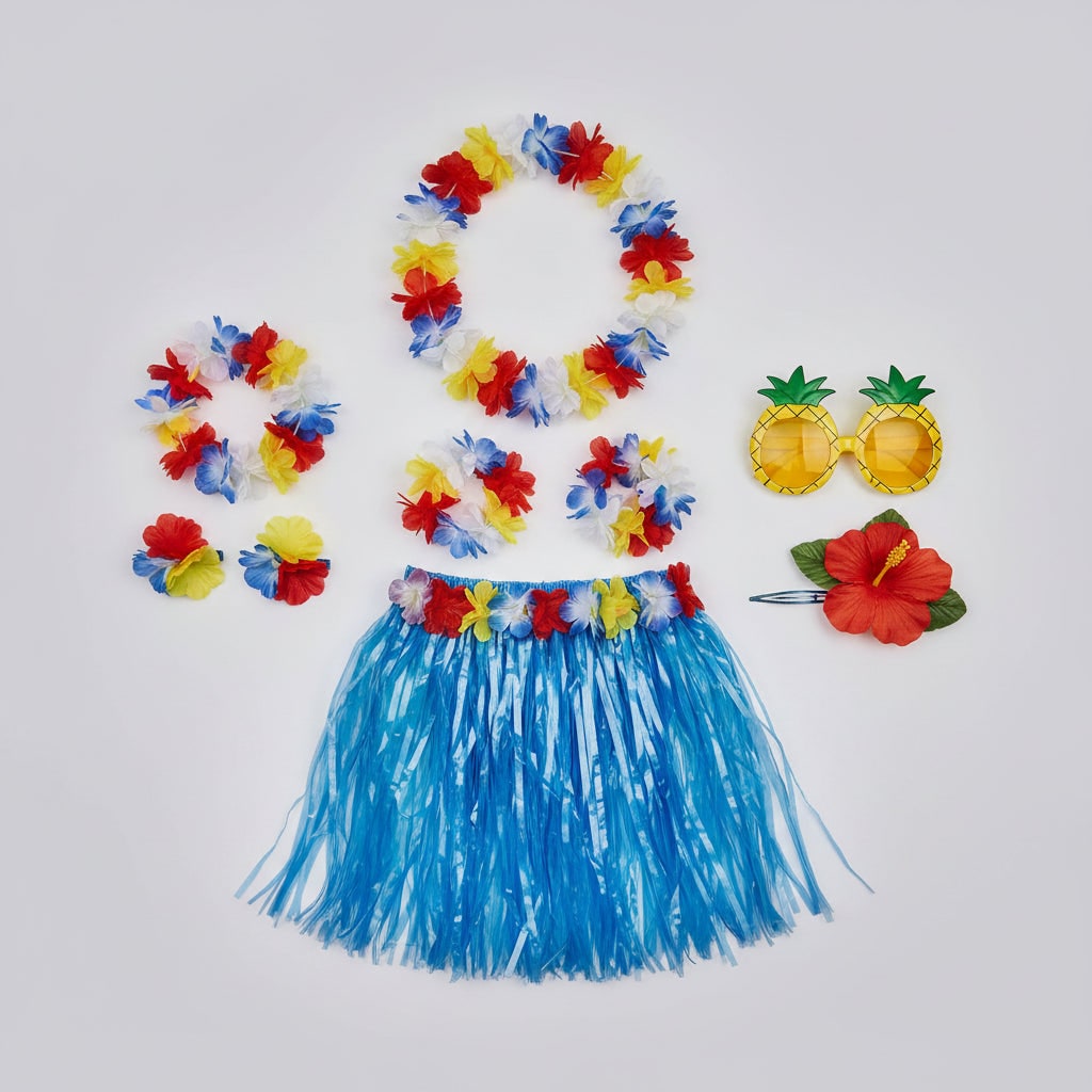 Halloween Group of Four Hula Costume Set with Grass Skirt Lei and Flower - Image 4