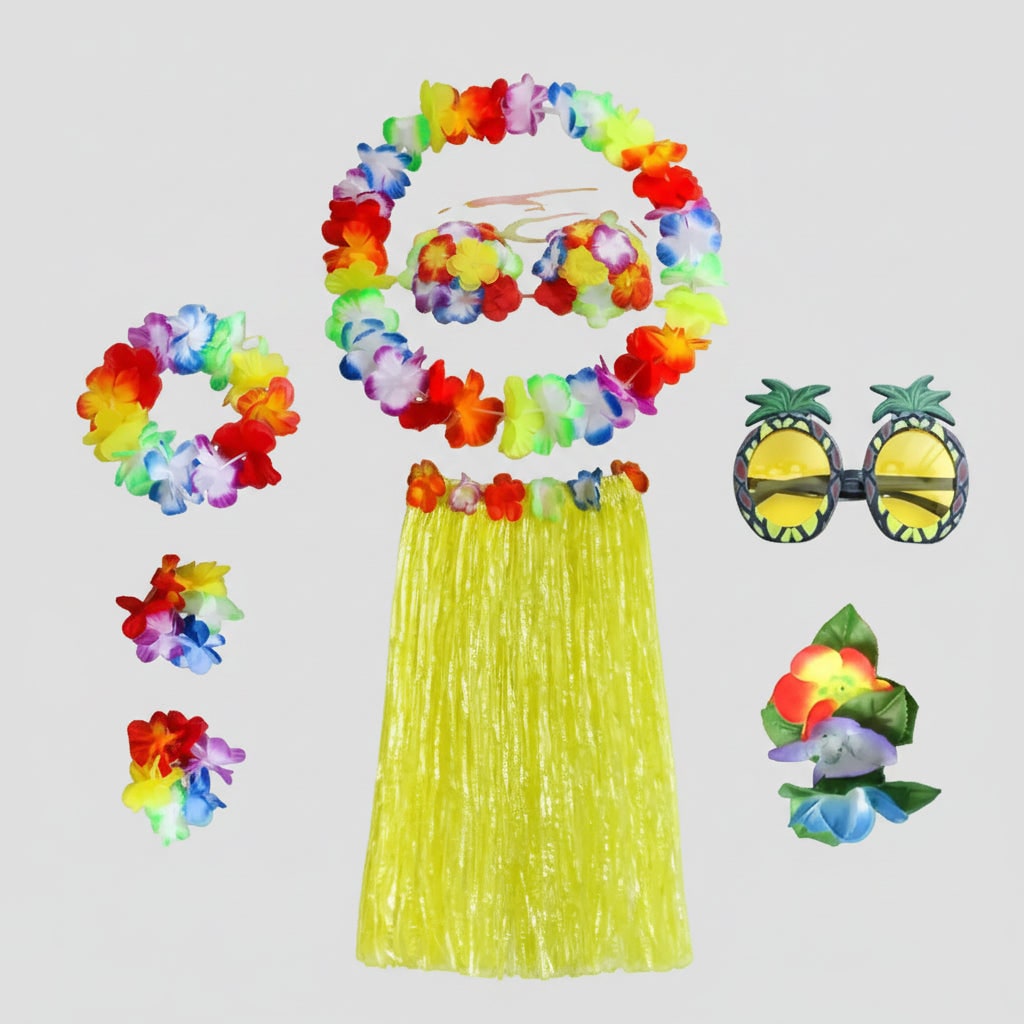 Halloween Group of Four Hula Costume Set with Grass Skirt Lei and Flower - Image 5