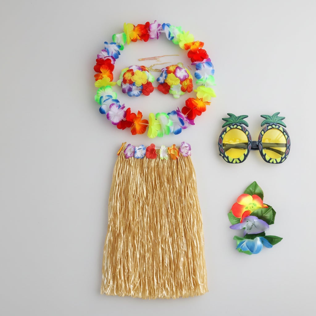 Halloween Group of Four Hula Costume Set with Grass Skirt Lei and Flower - Image 6