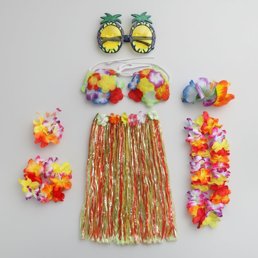 Halloween Group of Four Hula Costume Set with Grass Skirt Lei and Flower - Image 7