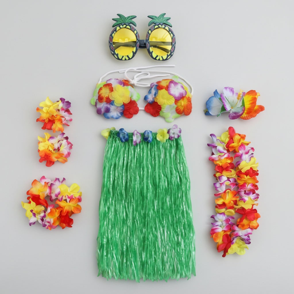 Halloween Group of Four Hula Costume Set with Grass Skirt Lei and Flower - Image 8